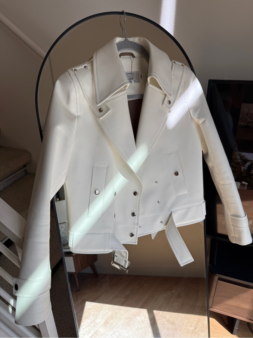 White Women's Biker Jacket - Classic Cropped Coat